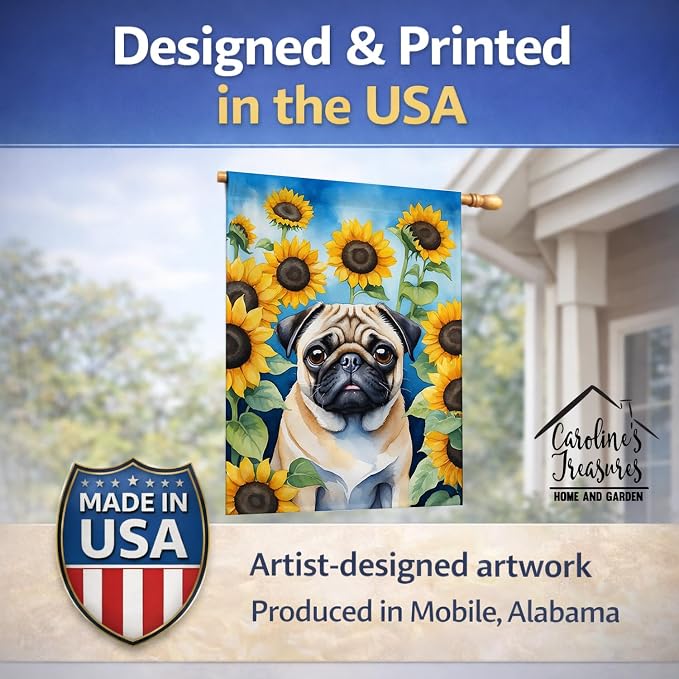 Caroline's Treasures DAC6145CHF Pug in Sunflowers House Flag Large Porch Sleeve Pole Decorative Outside Yard Banner Artwork Wall Hanging, Polyester, House Size, Multicolor
