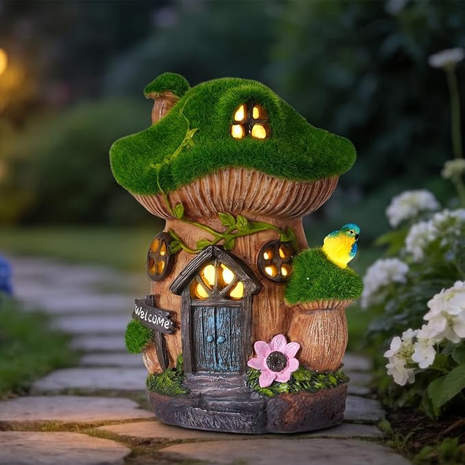 Mushroom Fairy Garden House, Solar Fairy House for Outside Decor with Bird, Outdoor Garden Statues for Yard, Lawn, Balcony,Patio, Outdoor Figurine Lights Gifts for Mom Women