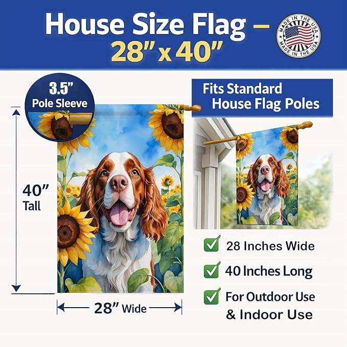 Caroline's Treasures DAC6171CHF Welsh Springer Spaniel in Sunflowers House Flag Large Porch Sleeve Pole Decorative Outside Yard Banner Artwork Wall Hanging, Polyester, House Size, Multicolor