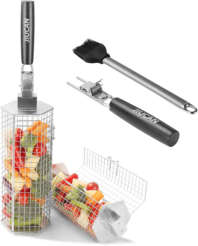 Grill Baskets Set, 2 PCS Stainless Steel Grill Baskets with Removable Wooden Handles, Nesting BBQ Tools, Hexagon Design for Outdoor Cooking Camping, Birthday Gifts for Men Dad Husband