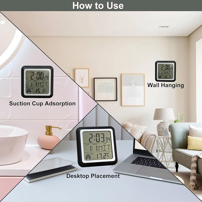 Digital Bathroom Shower Wall Clock, Indoor Waterproof Clock with Suction Cup, Plastic Frame, Flexible Choice for Hanging Or Standing, Modern Silent Kitchen Small LCD Screen Clock