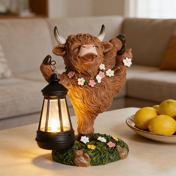 WDS WONDROUS Solar Highland Cow Outdoor Decor with LED Light, Garden Cow Decorations for Home with Flowers, Resin Highland Cow Figurine Gifts for Women Yard Decor Porch Patio Balcony Farmhouse