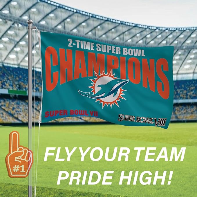 Team Sports America NFL Miami Dolphins Multi-Win Superbowl Champions 3x5 Flag for Outside with Grommets | Outdoor & Indoor | Heavy Duty Flag & Banner | Works with Flag Pole for Outside House