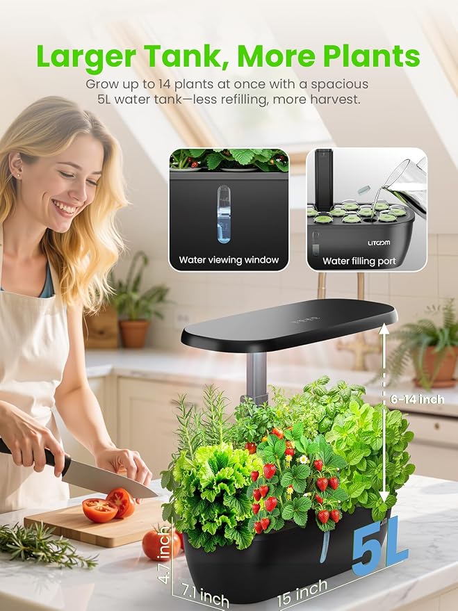 litokam Hydroponics Growing System Kit, 15-Pod Indoor Herb Garden Planter with 24W Grow Light & APP Control, Indoor Gardening System with 2 Grow Modes, Quiet Pump & 24H Timer