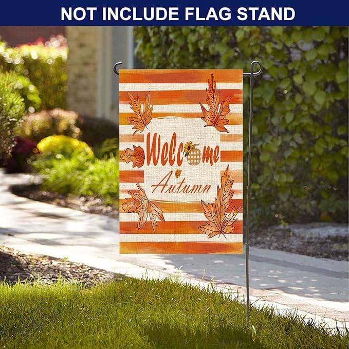 EMMTEEY Welcome Garden Flag Fall Leaf 12.5X18 Double-Sided, Seasonal Yard Flags Welcome Autumn Small Burlap Garden Flags for Outside Front/Back Door