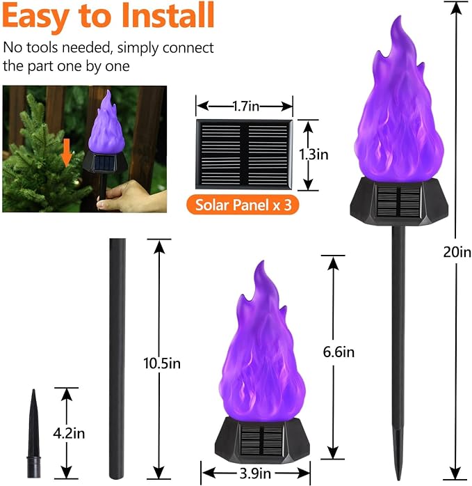 Toodour Solar Outdoor Torch Lights with Flickering Flame, 4 Pack Solar Pathway Decorative Lights, Waterproof LED Flame Torches for Outdoor Camping Garden Landscape Patio Path Yard Decorations - Purple