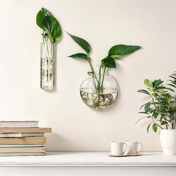 Baderke 6 Pcs Glass Wall Hanging Vase Indoor Propagation Planter with Hanging Suction Cup and Plastic Invisible Traceless Hanger for Hydroponic Flower Succulent Spring Summer Wedding Wall Mount Decor