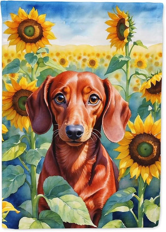 Caroline's Treasures DAC6065CHF Dachshund in Sunflowers House Flag Large Porch Sleeve Pole Decorative Outside Yard Banner Artwork Wall Hanging, Polyester, House Size, Multicolor