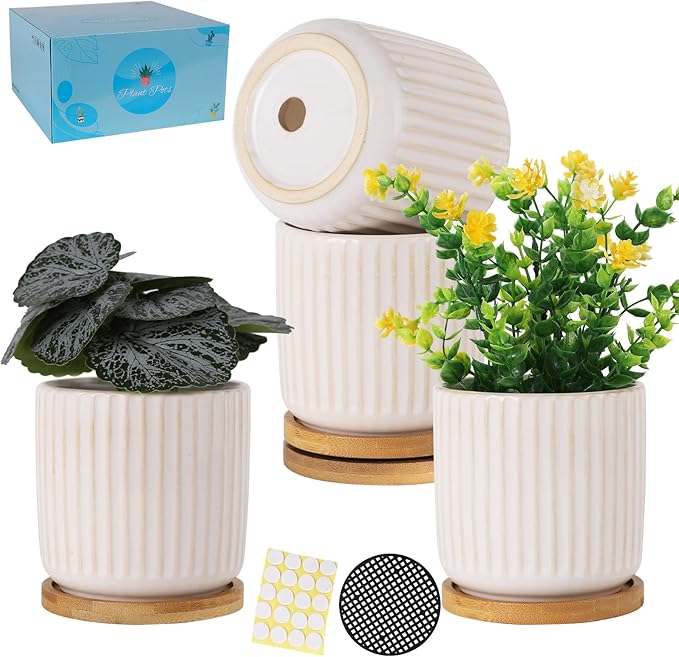 4 Inch Ceramic Plant Pots, White, Set of 4 | Drainage Holes, Modern Vertical Pattern, With Saucer, For Indoor Plants, Succulent, Cactus & Herbs