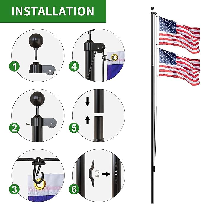 Flag Pole for Outside House, 15 FT Heavy Duty 45K PSI & 95 HBW Hard Aerospace Aluminum Flagpole Kit, Unbending Outdoor In-Ground Flag Poles with 3x5 American Flag for Yard, Residential or Commercial