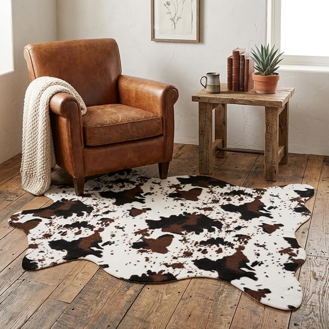 MustMat Faux Cowhide Rug, Western Cow Print Area Rug 4'7"x 5'3" | Ideal for Living Room, Bedroom, Dining Room & Entryways. Fits Vintage & Rustic Decor, Great for Holiday & Birthday Parties