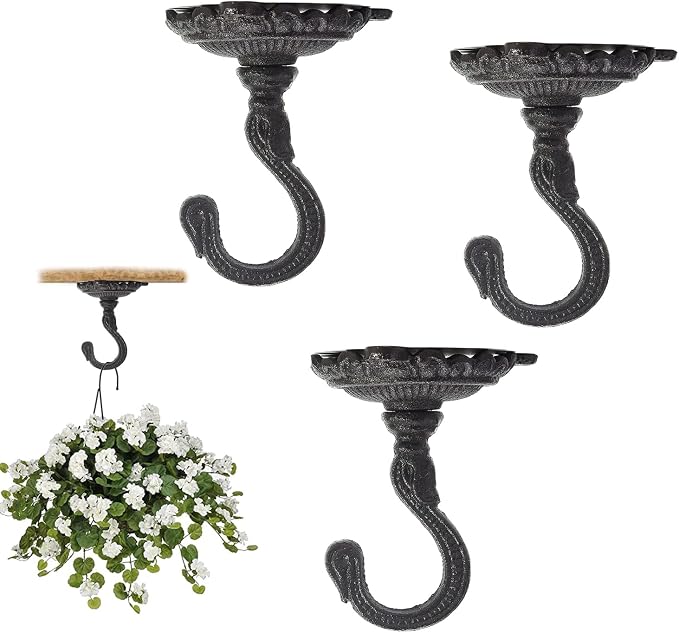 Sungmor Heavy Duty Ceiling Hooks for Hanging Plants, 3PC Black 3.5x3.9Inch Large Cast Iron Ceiling Hooks, Antique Decorative Ceiling Swag Hooks for Hanging Planter Chandelier Wind Chime Lantern Hanger