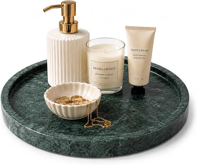 Natural Marble Decorative Tray for Bathroom Bedroom Kitchen, Large 10.6" Round Vanity Trays for Jewelry, Perfume, Cosmetic, Candle, Countertop Storage Organizer for Home Decor Green (WH110)