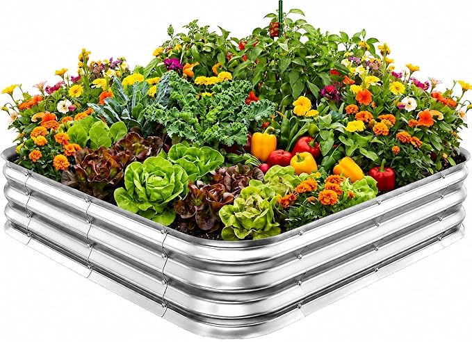 Square Galvanized Raised Garden Bed 4x4 ft – Heavy Duty Metal Planter Box for Vegetables & Flowers,Herb– 12" Deep Rust-Resistant Outdoor Gardening Bed with Easy Assembly, Above Ground (Silver)