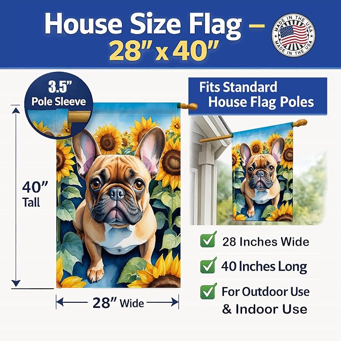 Caroline's Treasures DAC6081CHF French Bulldog in Sunflowers House Flag Large Porch Sleeve Pole Decorative Outside Yard Banner Artwork Wall Hanging, Polyester, House Size, Multicolor