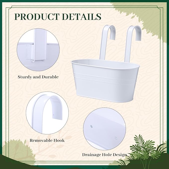 16 Pcs Hanging Flower Pots Planters for Outdoor Metal Iron Wall Flower Planter Baskets for Railing Fence Balcony Garden Yard Home Indoor Decoration with Detachable Hooks(White)