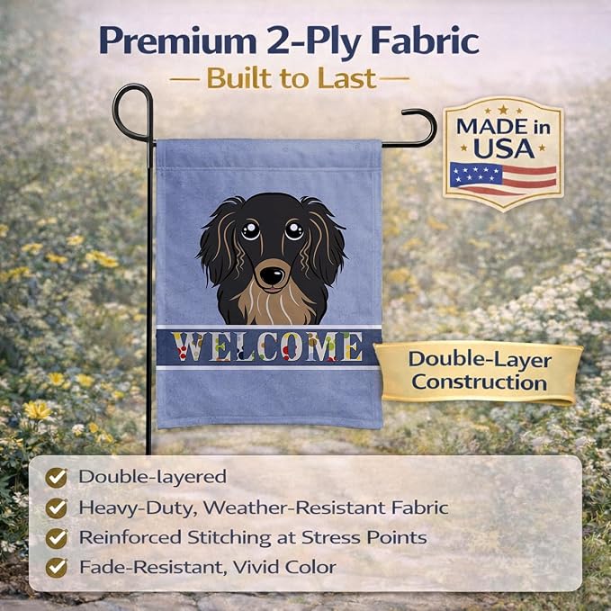 Caroline's Treasures BB1399GF Longhair Black and Tan Dachshund Welcome Garden Flag, Blue Mailbox Flag Decorative Yard Flag Banner Outside Patio Artwork Yard Flower Beds, Garden Size, Multicolor