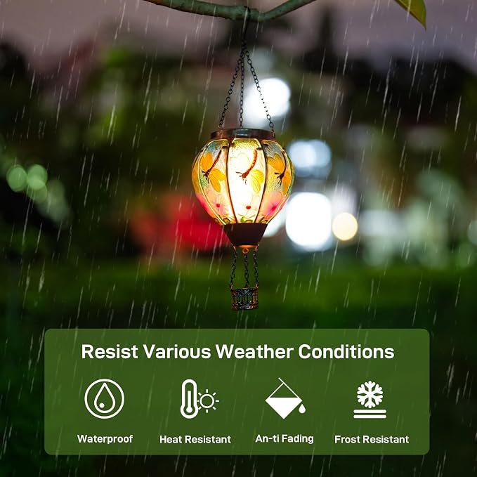 2 Pack Dragonfly Hot Air Balloon Solar Lantern Outdoor Waterproof, Glass Balloon Lanterns for Outside, Decorative Hanging Solar Lights Patio Garden Yard Gift for Women Moms
