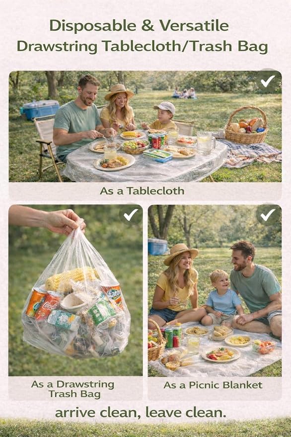 Disposable Picnic Kit for 5 – Lightweight Outdoor Dinnerware Set with Plates, Plastic Cutlery, Wet Wipes & Drawstring Table Cover, Portable Picnic Supplies for Park, Beach & Camping (5)