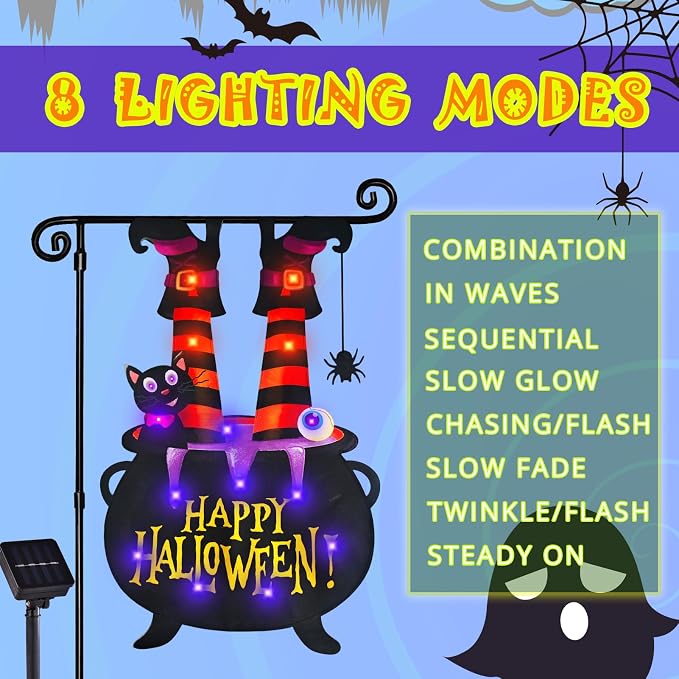 Halloween Lighted Garden Flag for Outside, Led Solar Yard Flag 8 Modes Witch Feet Shape Flag, 12x18 Double Sided Cauldron Eyeball Black Cat Decorations for Home Porch