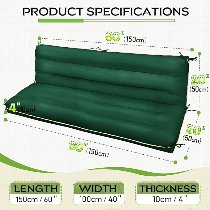 60×40 INCH Outdoor Swing Cushion with Backrest, Tie Straps & Memory Foam - Replacement for Porch Bench 2/3 Seater, Oxford Fabric (Green, 60 INCH × 40 INCH)