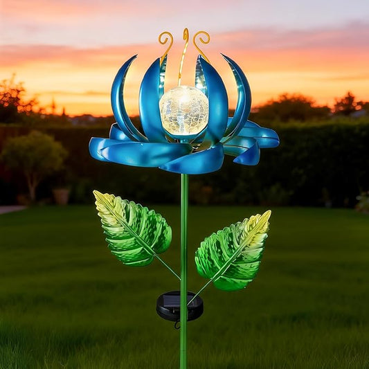 Solar Yard Lights Wind Spinners- Metal Lotus Flower Garden Decor LED Crackle Glass Globe Yard Art Sculpture Solar Stake Lights for Patio Pathway Lawn Walkway (Blue-Large)