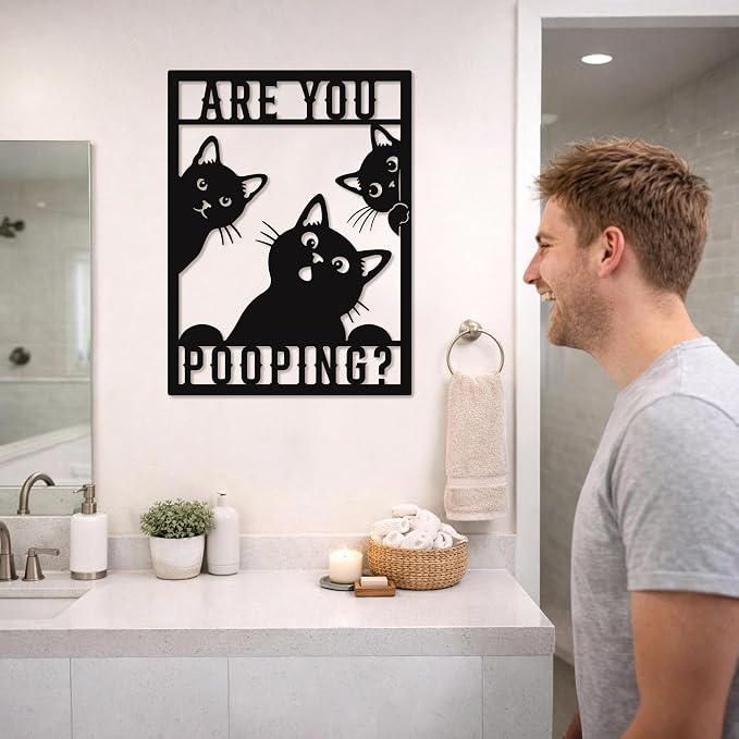 Custom Funny Cat Are You Pooping Metal Wall Art Sign, Personalized Bathroom Humor Decor, Cute Cat Toilet Sign, Quirky Restroom Wall Decor, Funny Gift for Cat Lovers