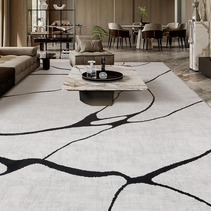 9x12 Washable Modern Abstract Black White Area Rug | Ultra-Thin Low Pile, Non-Slip TPE Backing, Soft Stain Resistant, Machine Washable, for Hallway Entryway Laundry High Traffic