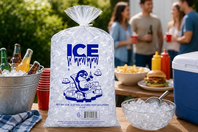 Ice Bag 5 lb 9" x 18" 500 Count | Twist Ties Included | Heavy Duty Storage Bags | Retail Sales, Parties, Camping & Food Cooling | LDPE Plastic Bags | Bits N Things