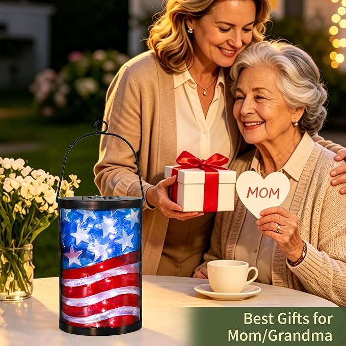 Hanging Solar Lantern Outdoor Decorative Waterproof LED Solar American Flag Lights Tabletop Lamp for Outdoor Patio Garden