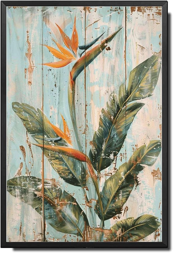 Metal Sign Tin Sign Vintage Wall Art Exotic Bird of Paradise Tin Sign for Rustic Paintings Vintage Charm and Vibrant Leaf Displays Vintage Metal Sign for Home Decor 6×8 Inches with Metal Frame
