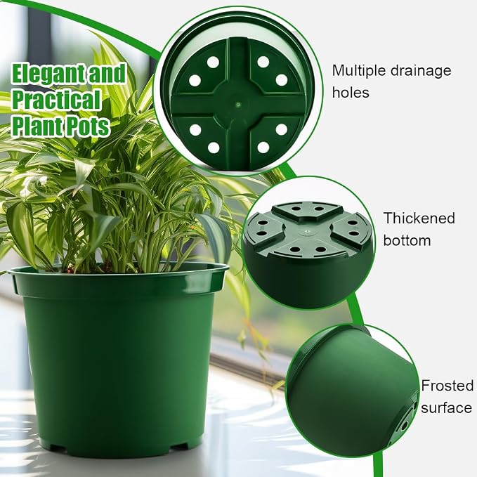 RooTrimmer 5 Gallon 12 Inch Plastic Nursery Pots, Plant Containers with Drainage Holes, Round Sturdy Garden Planters for Indoor/Outdoor Greenery, Gardening Gifts for Women (5-Pack, Green)