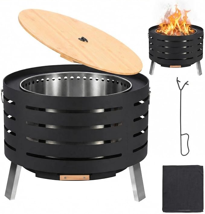 30 Inch Smokeless Outdoor Fire Pit, Outdoor Firepit Table with Removable Ash Pan,Bamboo Lid, Rainproof Cover,Portable Metal Firepit for Patio, Backyard, Camping