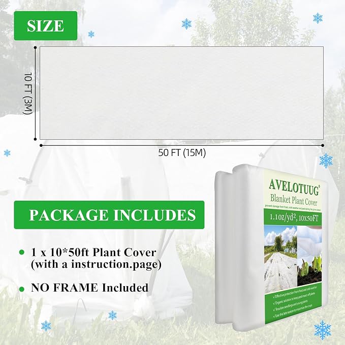 AVELOTUUG Plant Covers Freeze Protection, 10ft×50ft Frost Blankets for Outdoor Plants, 1.1oz/yd² Garden Fabric Plant Floating Row Cover, Winter Frost Cloth Plant Freeze Protection for Cold Weather