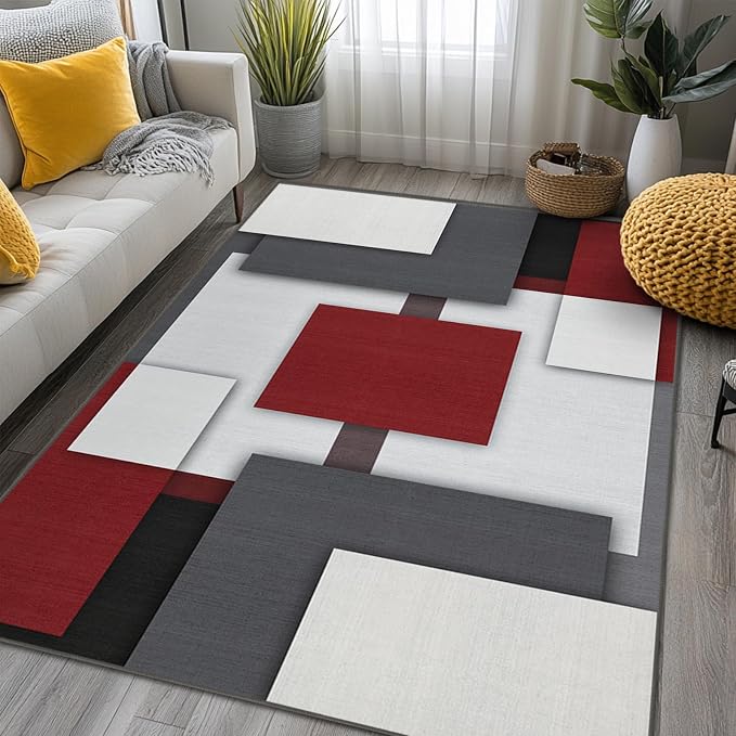 Red and Black Area Rug 3x5 for Bedroom Geometric Mid Century Rug | Washable Modern Rugs Low Pile Non-Slip Abstract Floor Carpet for Kitchen Living Room Dining Room Bedroom Entry