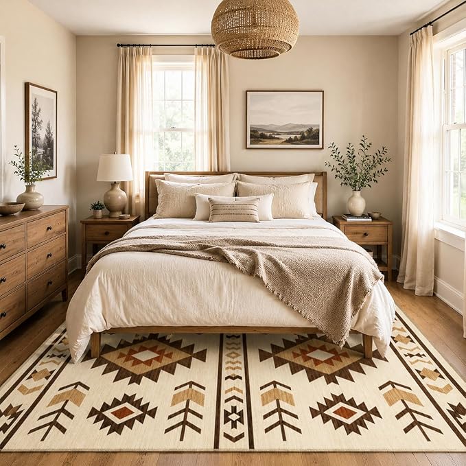 Area Rug 5x7 Western Rug Living Room Southwestern Aztec Tribal Rugs Southwest Navajo Machine Washable Non-Slip Printed Low-Pile Floor Carpet for Bedroom Dining Room Office, Camel