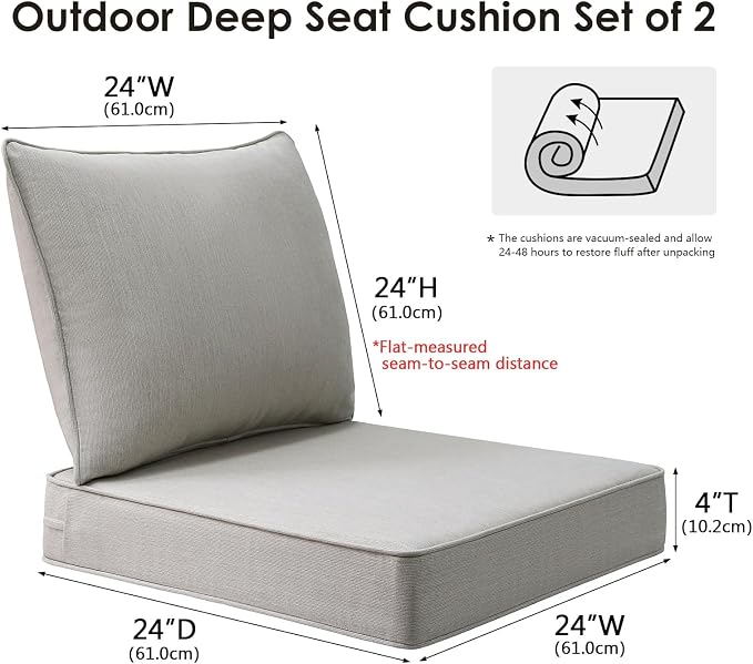 Unimatta Sunbrella Outdoor Patio Chair Cushions Set, 24" x 24"(24x24 Back), Set of 2, Water-Repellent, Fade Resistant, Deep Seat Bottom and Back Cushion for Backyard, Couch, Sofa, Specrtum Pebble