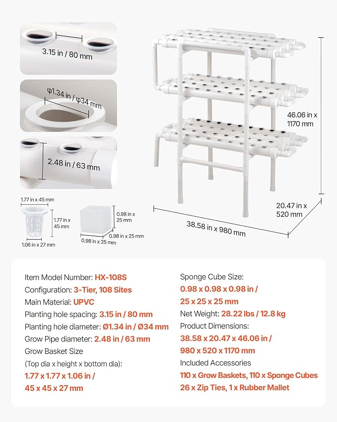 VEVOR Hydroponics Growing System Kit, 3-Tier 108 Sites UPVC Pipe Hydroponic Grow Kit with Timed Irrigation, Sun & Light Blocking Pipes, Indoor Home Garden Vegetable Planting Grow Kits for Fruit Herb