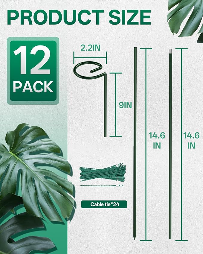 Breeze Touch 12 Pack Plant Stakes, 35.4 Inch Plant Support Stakes with 15 Twist Ties, Plant Sticks Support, Flower Stakes for Plants Peony, Tomato Seedling, Marigold, Amaryllis, Sapling, Coreopsis