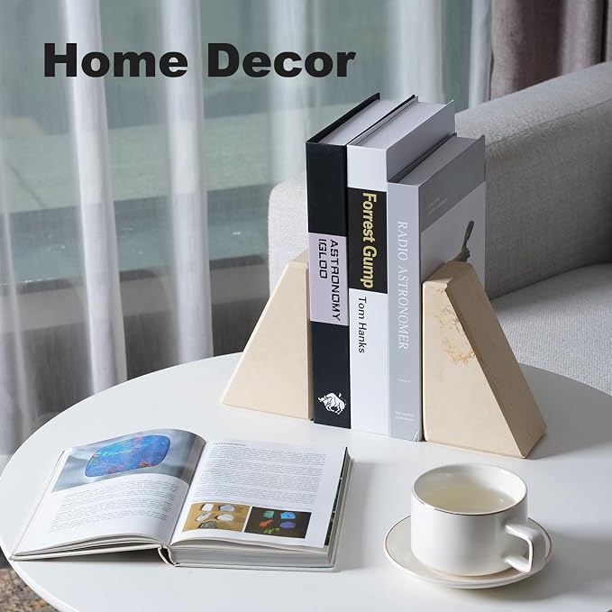 Marble Bookend for Heavy Books, Decorative Bookends for Shelves, Durable and Heavy-Duty Book End for Hardback Books & CDS, Unique Book Stopper & Holder, Sunny Golden, Set of 2