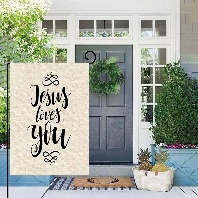 EMMTEEY Easter Garden Flag Double Sided Burlap Decor 12.5x18 Inch Yard Outdoor Decor Garden Flag Jesus Loves You Inspirational Quote Design Element Housewarming Poster Modern Brush Lettering print