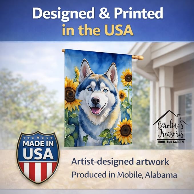 Caroline's Treasures DAC6163CHF Siberian Husky in Sunflowers House Flag Large Porch Sleeve Pole Decorative Outside Yard Banner Artwork Wall Hanging, Polyester, House Size, Multicolor