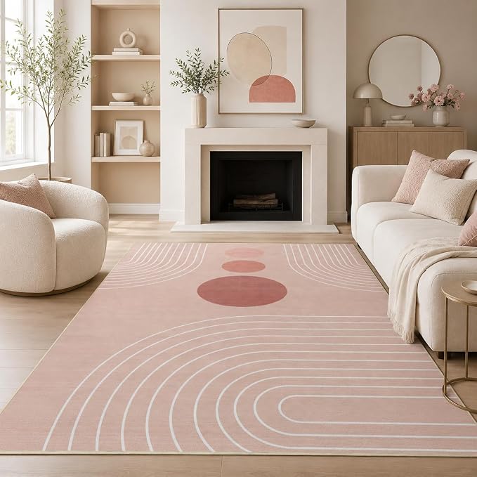 Area Rug 5x7 Boho Modern Minimalist Geometric Abstract Rug Pink Mid Century Modern Rug for Living Room Machine Washable Non-Slip Printed Low Pile Indoor Carpet for Bedroom Dining Room Office Pink