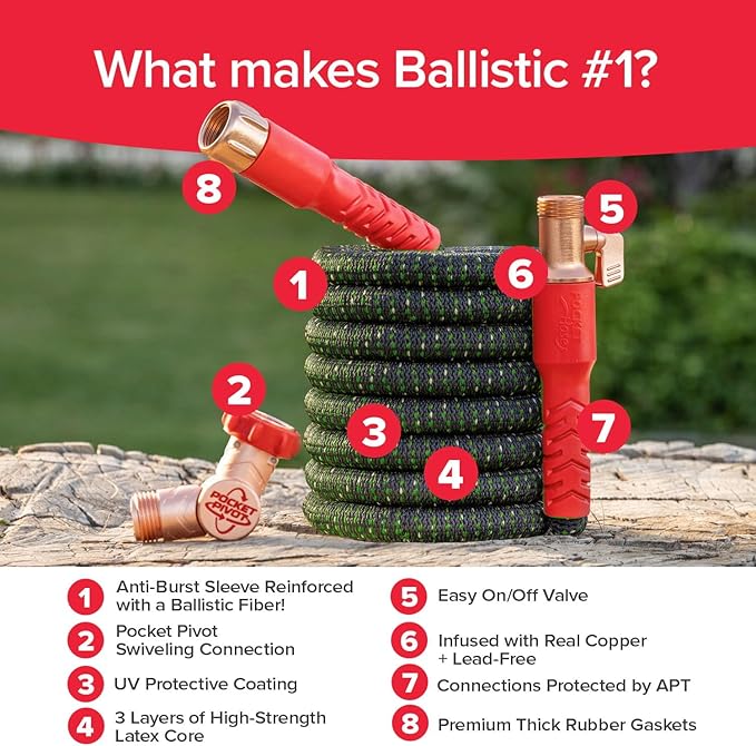 Pocket Hose Ballistic Double UV Edition 75 FT Expandable Garden Hose w/Pocket Pivot Swivel Connector, Anti-Burst Sleeve Reinforced w/Bulletproof Fiber, Lightweight, No-Kink, Compact, AS SEEN ON TV