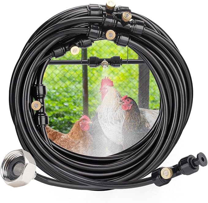 Pre-Assembled Chicken Coop Misting System for Cooling - Leak-Resistant Mist Hose Kit for Summer Poultry Heat Relief, Included 39.4ft Line, 3/4" Adapter, 11 Brass Nozzles, Filter Gasket Accessories