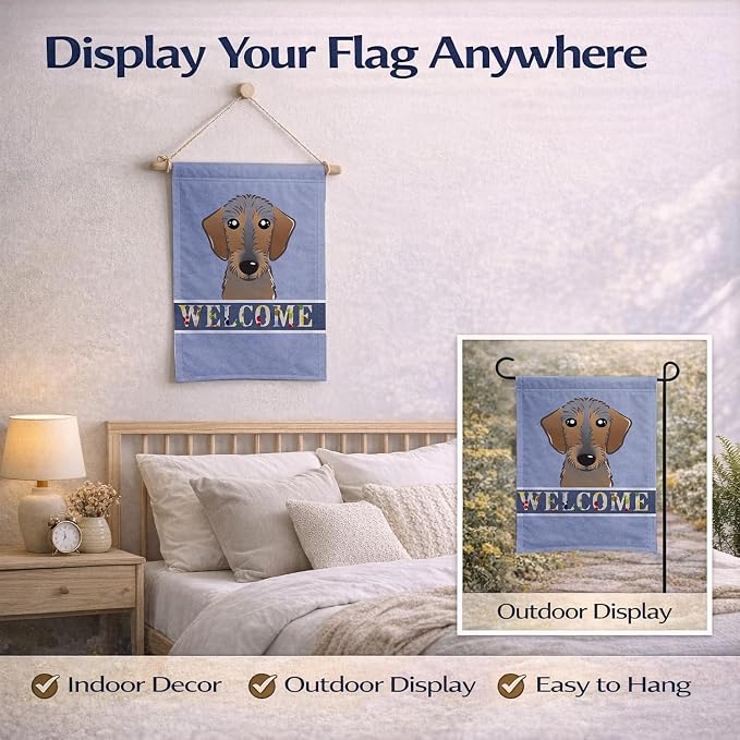 Caroline's Treasures BB1419GF Wirehaired Dachshund Welcome Garden Flag, Blue Mailbox Flag Decorative Yard Flag Banner Outside Patio Artwork Yard Flower Beds, Garden Size, Multicolor