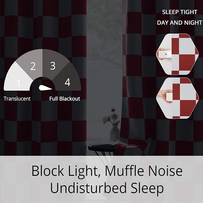 100% Blackout Checkered Curtains – 2 Panels, Each W52×L96, Thermal Insulated, Nosie Reducing for Bedroom, Modern Cabin Red and White Checkerboard Design