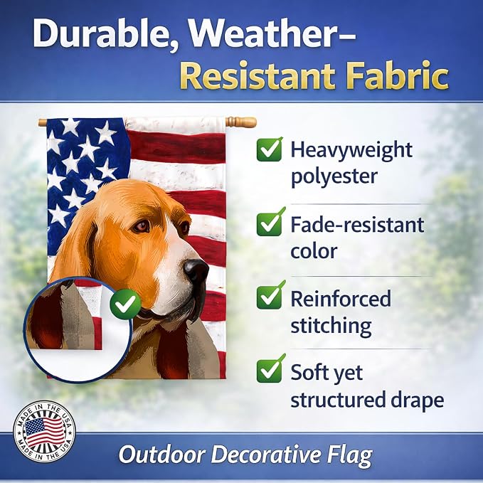 Caroline's Treasures CK6409CHF Artois Hound Dog American Flag House Flag Large Porch Sleeve Pole Decorative Outside Yard Banner Artwork Wall Hanging, Polyester, House Size, Multicolor