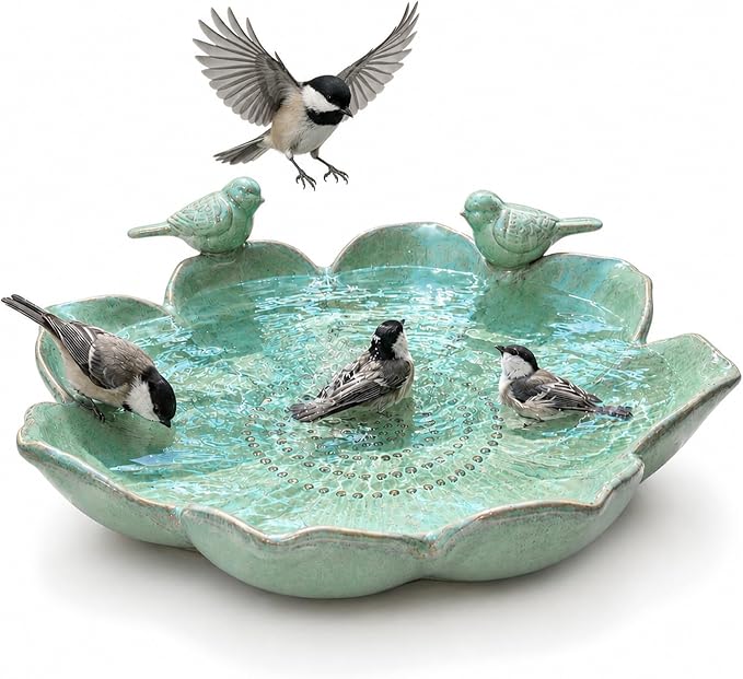 11.8" Ceramic Birdbaths for Outdoors | Bird Bath for Outside with Bird Figurines, Decorative Outdoor Bird Bath Bowl for Garden Decor, Gifts for bird lovers