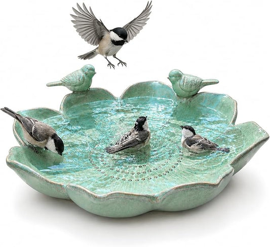 11.8" Ceramic Birdbaths for Outdoors | Bird Bath for Outside with Bird Figurines, Decorative Outdoor Bird Bath Bowl for Garden Decor, Gifts for bird lovers